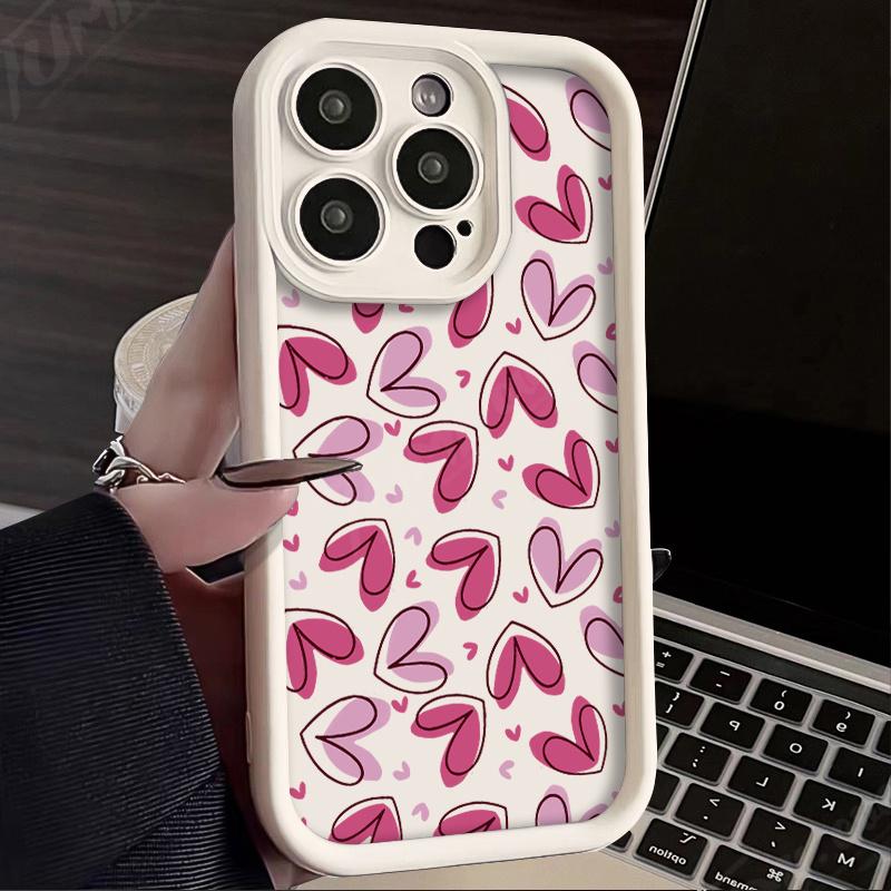 Pink heart pattern design Phone case iPhone 15 Pro Max 11 12 13 16 14 Plus Silicone Shockproof Case Lens protector shell