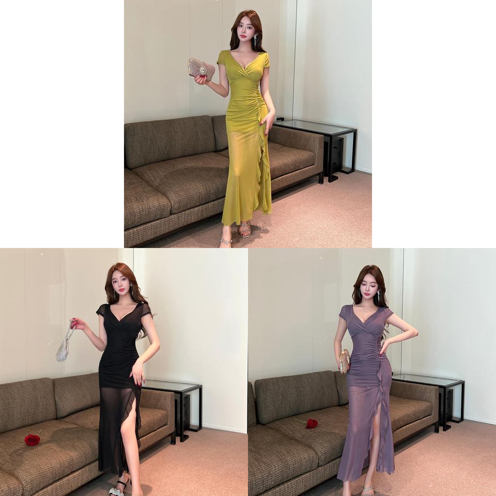 Elegant Polyester V Neck Dress With Slit For Office Wear Women Spring 2025