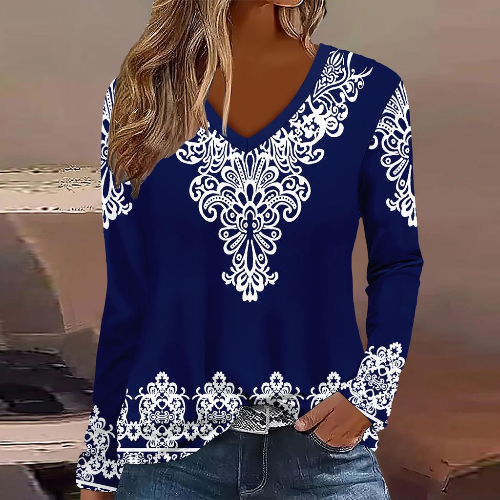 Fashion Geometry Flower Pattern 3D Print Women V-Neck Long Sleeve T-Shirt Casual Breathable Women's Clothing Apparel Tops Tees