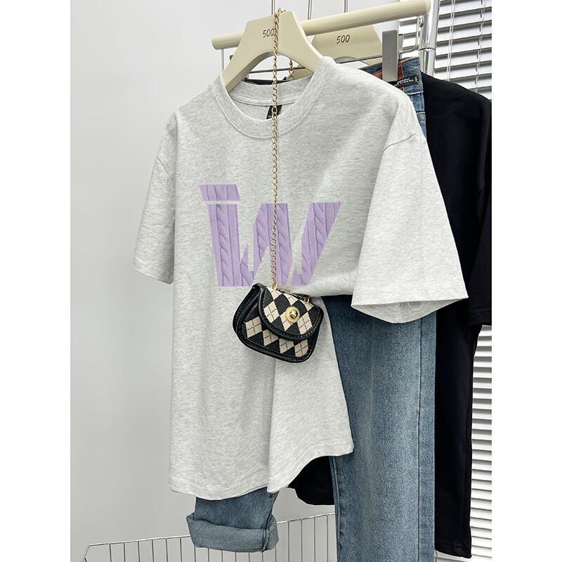 

Женская хлопковая футболка с коротким рукавом 2025 весна и лето новая с принтом букв свободная модная универсальная с круглым вырезом и рукавом до локтя топ инс S