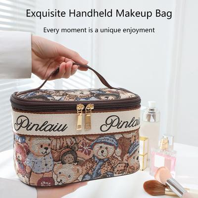 Bolsa Cosmética Feminina Portátil Grande Capacidade Urso Desenho Animado Bolsa de Armazenamento de Cosméticos Design Zíper Duplo Bolsa de Higiene de Viagem