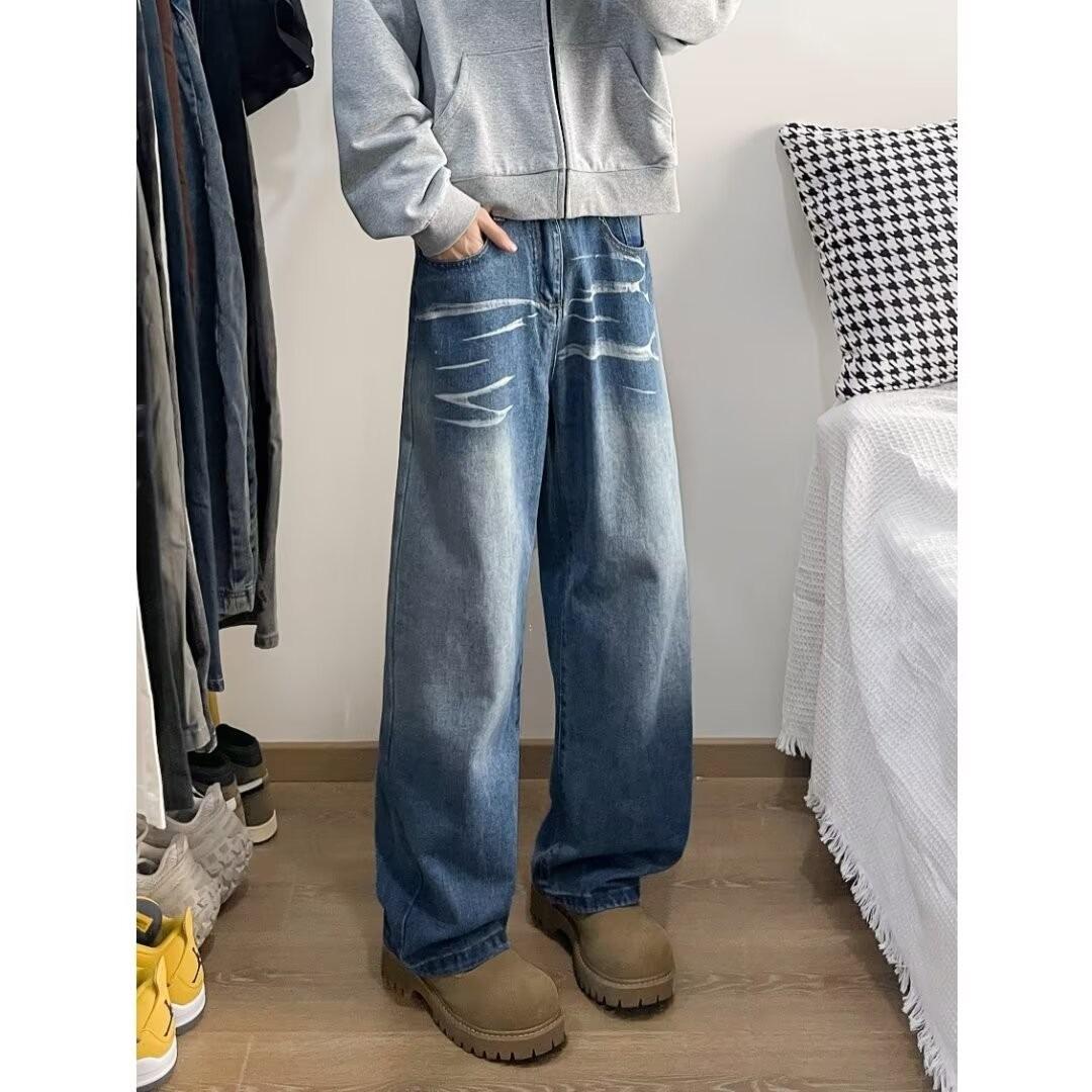 

American retro washed blue jeans men s 2025 new loose and thin straight wide-leg mopping pants 3XL синій