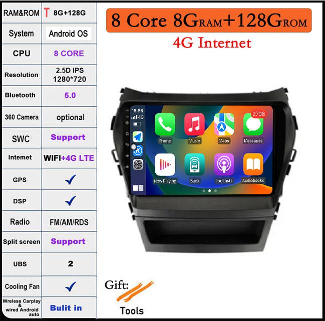 9 Lnch For Hyundai Santa Fe 3 Grand lX45 2012-2017 Car Carplay Video Player GPS IPS Navigation Multimedia Stereo 4G LET