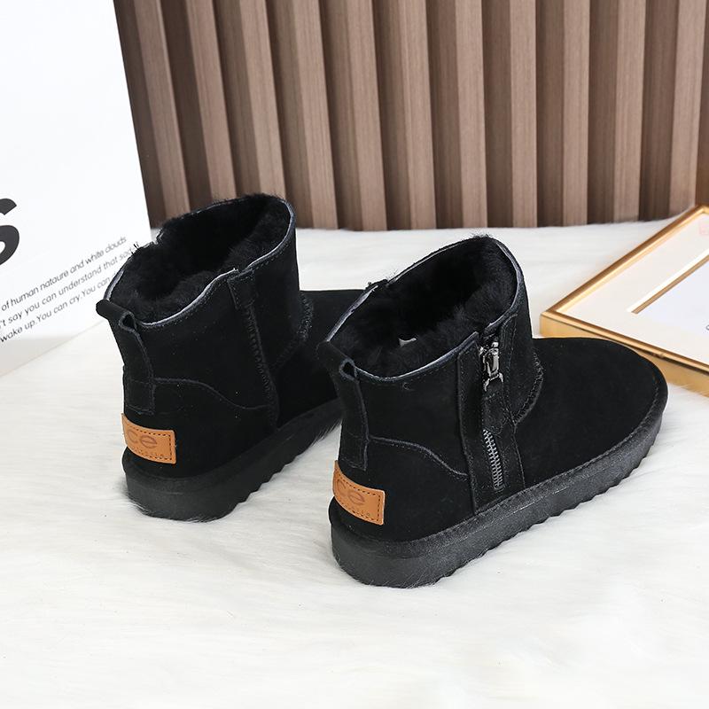 Women's Winter Fur-Lined Genuine Leather Snow Boots - Short, Non-Slip, Warm, and Thick with Zipper