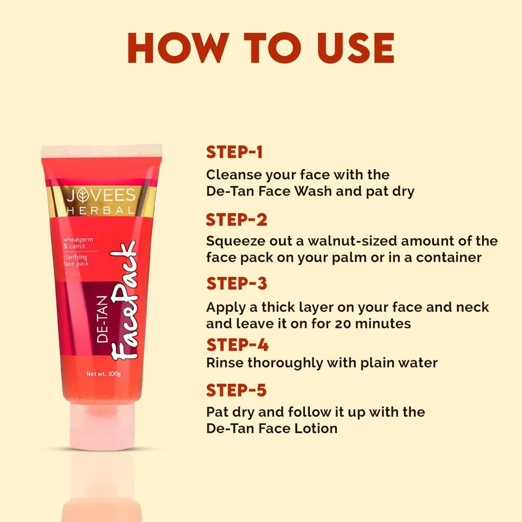 Jovees Herbal De-Tan Face Pack 100gm For Tan Removal, Skin Revitalization, Complexion Brightening And Hydrating Glow | Alcohol Free Paraben Free
