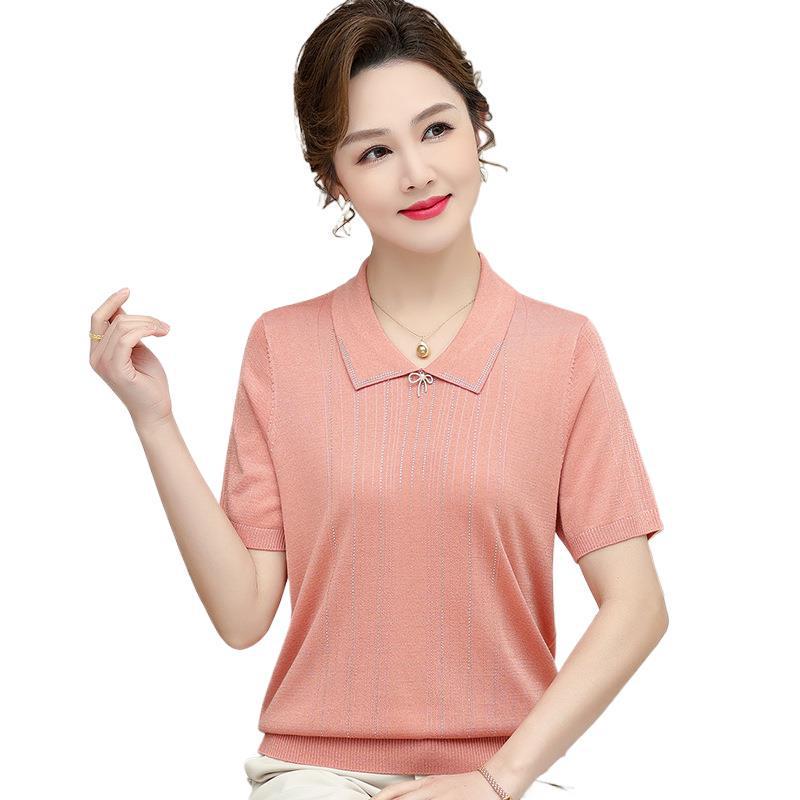 Elegante Stricktops in Übergröße aus Eis-Seide für Mütter - Kurzarm-Sommer-T-Shirts für stilvolle Frauen mittleren Alters