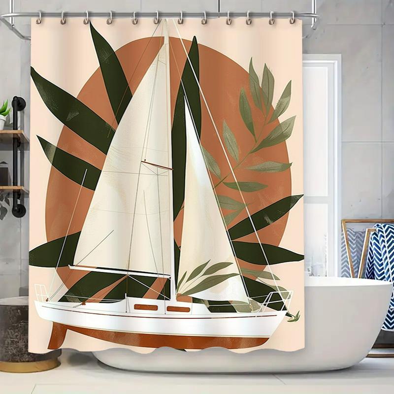 Nautical Boat Sailboat Print Shower Curtain Greenery Decor Bath Linen Waterproof Fabric for Home Bathroom DecorationsOrange Whit