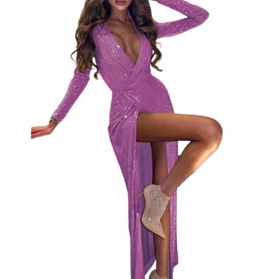 Deep V-Neck Long Sleeve Maxi Dress Slim Fit High Split Glitter Wrap Party Dress for Bar