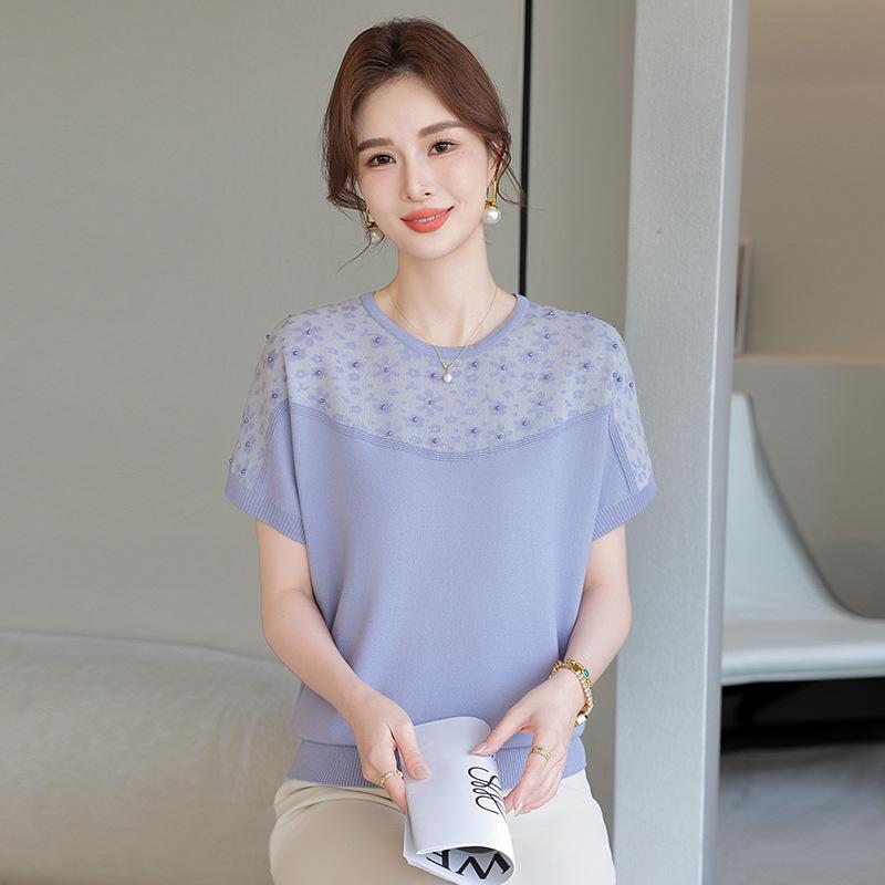 2026 Ice Silk Elegant T-shirt: Stylish Summer Knit for Middle-Aged & Elderly Women L фиолетовый