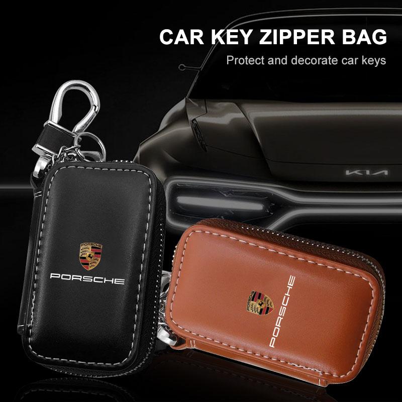 1Pcs Leather Emblem Car Key Case Keychain Zipper Key Case Bag For Porsche Cayenne Panamera Macan Boxster 911 Carrera-GT 944 918 917