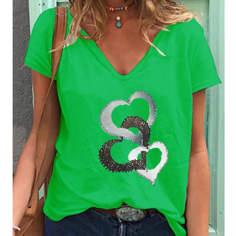 Fashion Spring  Love Print Blouses Short Sleeved V-Neck T Shirts Casual