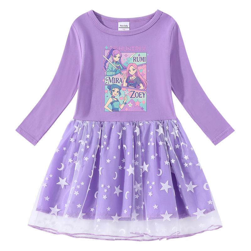 Korean Style Kpop Demon Slayer Mesh Princess Dress for Girls - Short/Long Sleeve Options