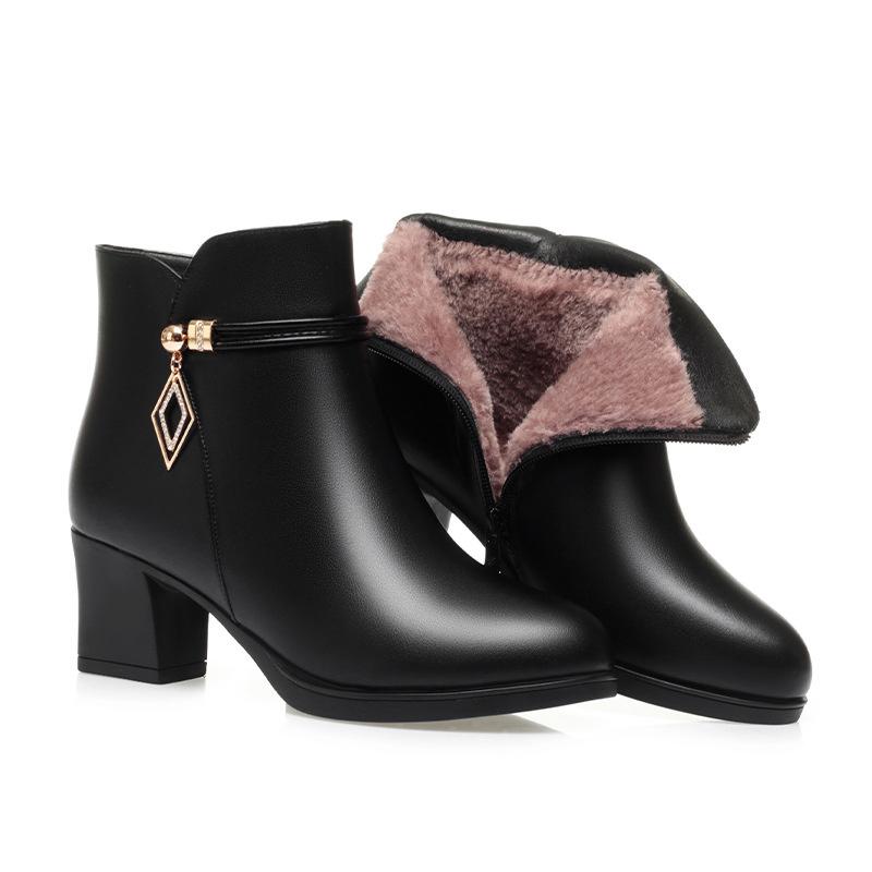 

Зимние Удобные Модные Мягкие Кожаные Туфли Платформа Короткие Ботинки Элегантные Черные Массивный Каблук Офис Мама Ботильоны 36(Foot23cm)