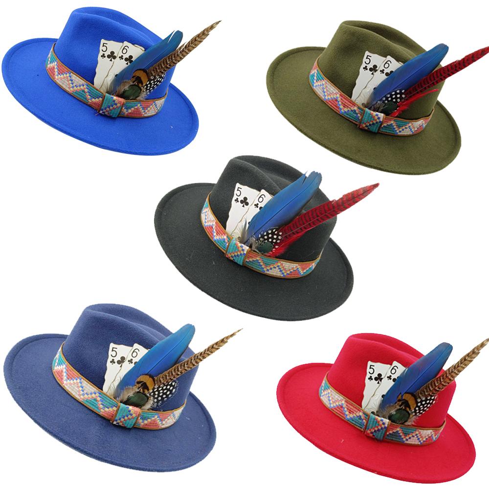 Freedom Outdoors Women's Jazz Wool Hat Panama Hat European And American Style Hat Poker Feather Decorated Wool Wide Brim Hat Party Hat Chapeau Femme 56-58Cm