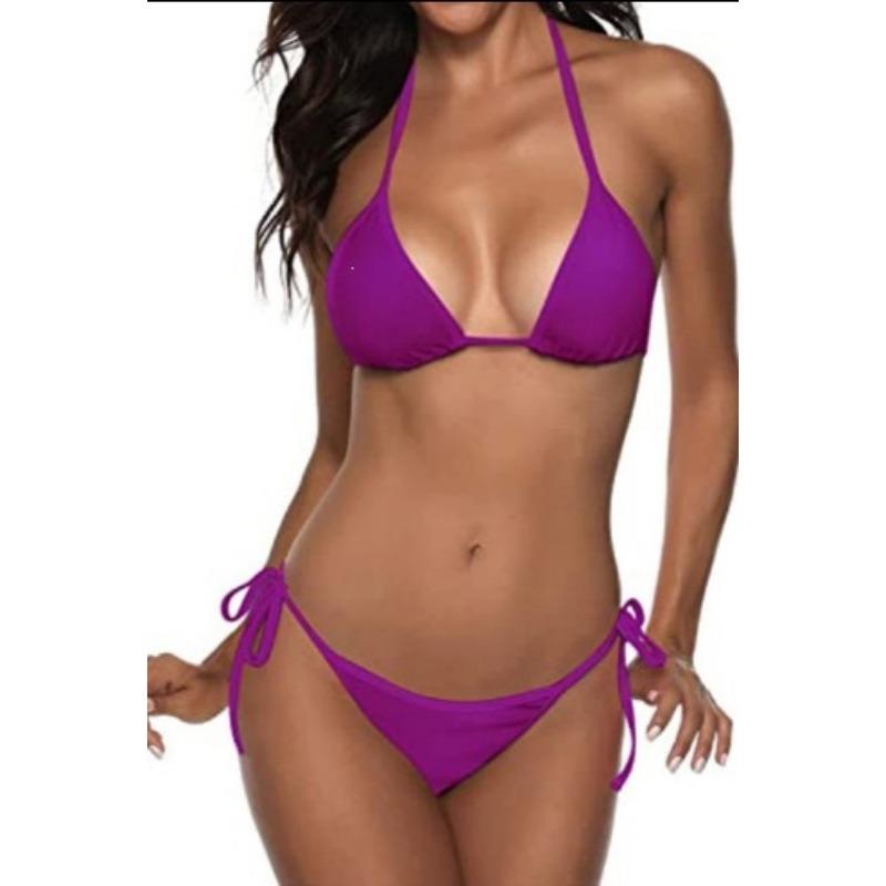 Women's White Halter Triangle Tie-Side Two-Piece Bikini Swimsuit