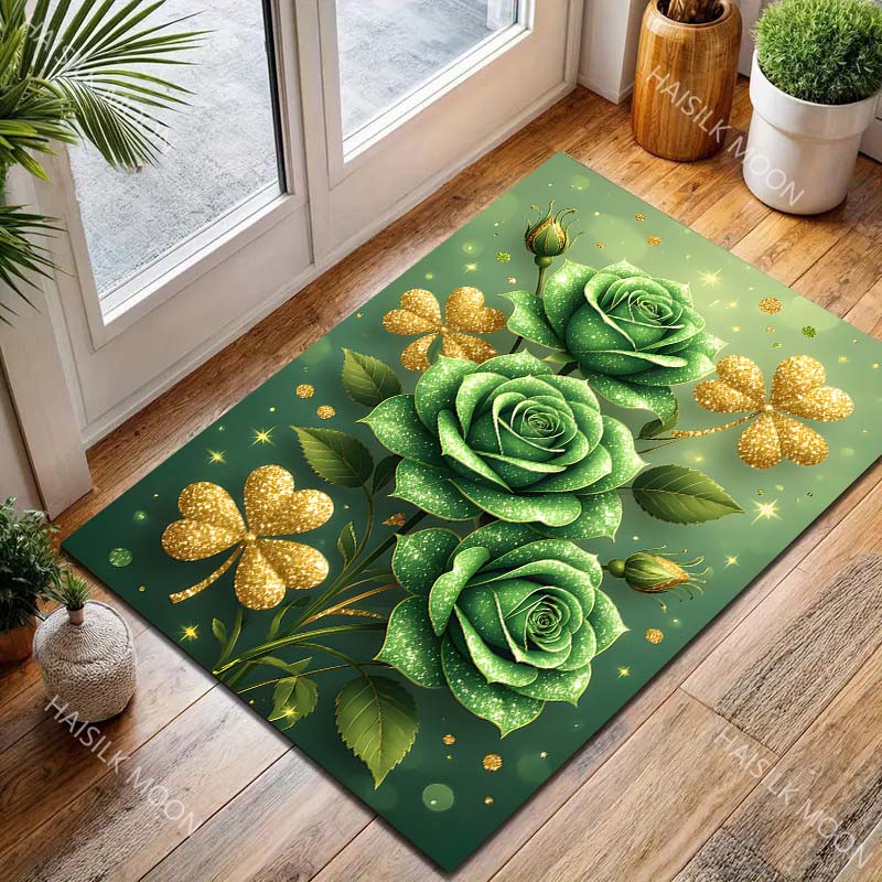 Multiple sizes Green roses and golden clovers Carpet for Living Room Bedroom Sofa Home Decor Rus Non-slip Floor Mat Luxury Gift