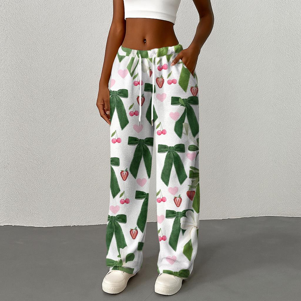 Women's Casual Fashion Printed Elastic Waist Loose Straight Leg Pants With Rope