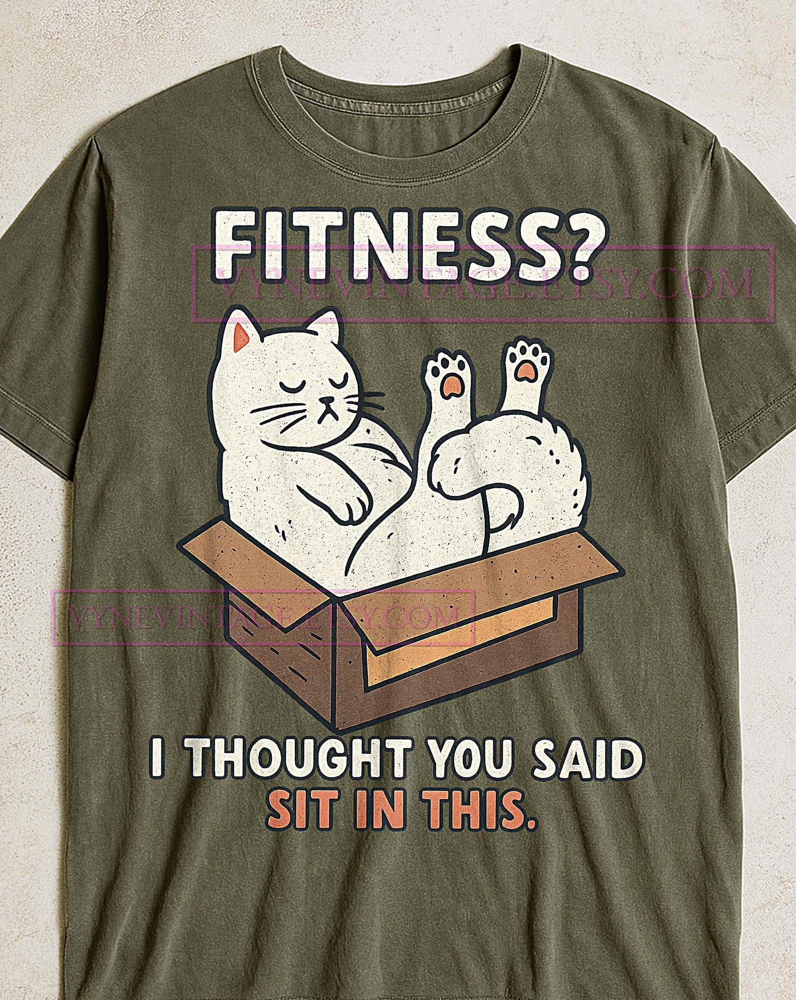 Fitness? I Thought You Said Sit In This T-Shirt, Funny Cat Retro Cartoon Tee, Humorous Quote Shirt, Lazy Cat Lover Gift L