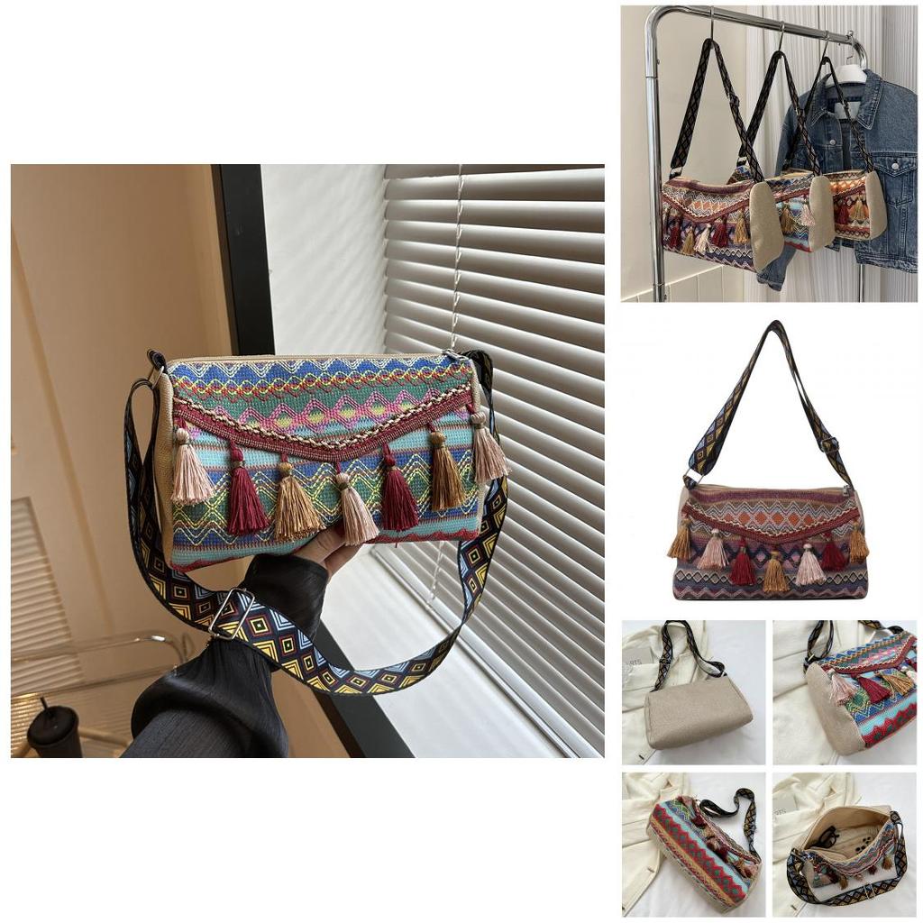 Ethnic Style Fringe Crossbody Bag With Wide Shoulder Strap For Daily Casual Use