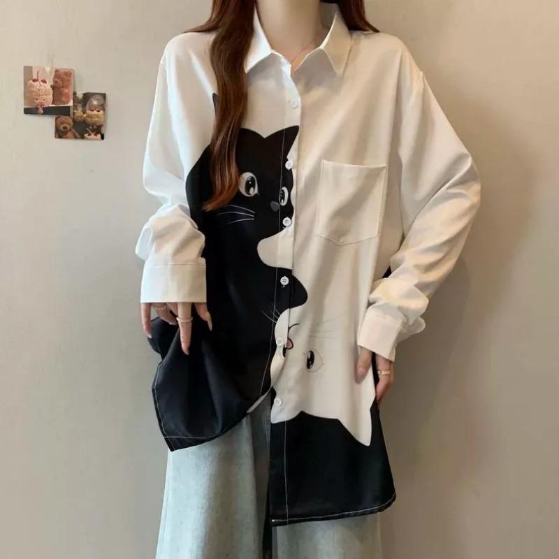 Women s Black and White Cat Print Shirt Long Sleeve Casual Oversized Button-Down Blouse L белый