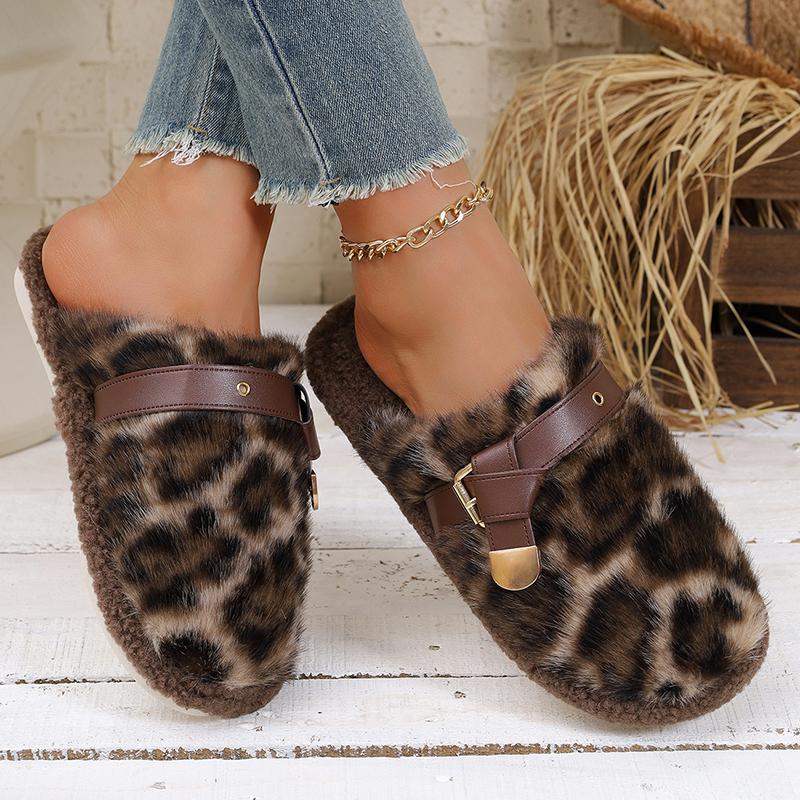 Fashion Fashion Leopard Print Fur Slippers for Women Outdoor Light Non Slip Fluffy Slippers Woman Comfy Flat Heel Plush House Slides