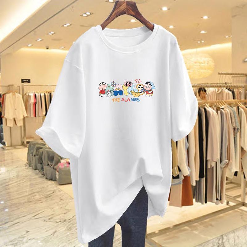 

White short-sleeved t-shirt women s print loose new pure cotton Korean version top bottoming shirt S