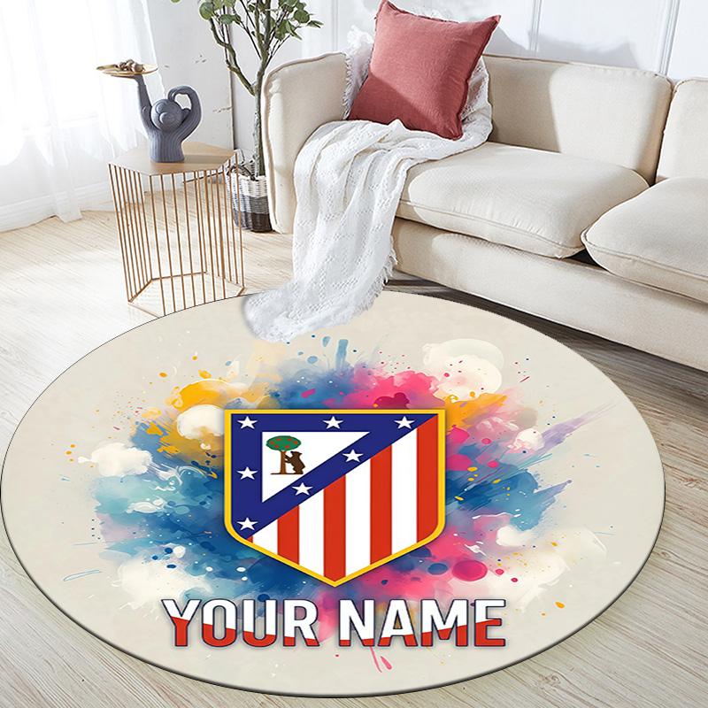 Custom Name Atletico de Madrid Round Area Rug,Carpet Rug for Living Room Bedroom Sofa Playroom Decor,Non-slip Floor Mat