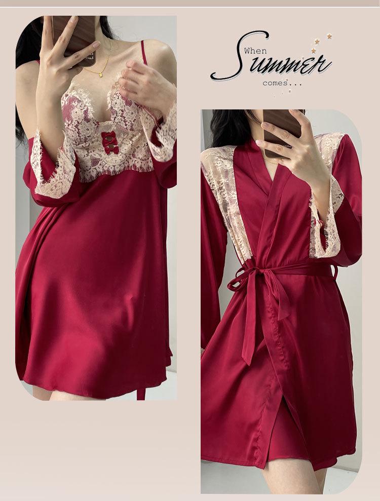 2025 High-End Women's Ice Silk Lace Spaghetti Strap Nightdress & Pajama Set