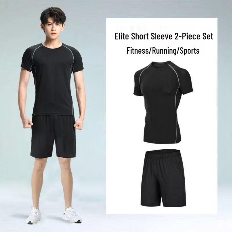 Pánské rychleschnoucí sportovní oblečení z ledového hedvábí s těsným střihem: Set s krátkým rukávem a pětibodovými kalhotami na letní fitness a běh
