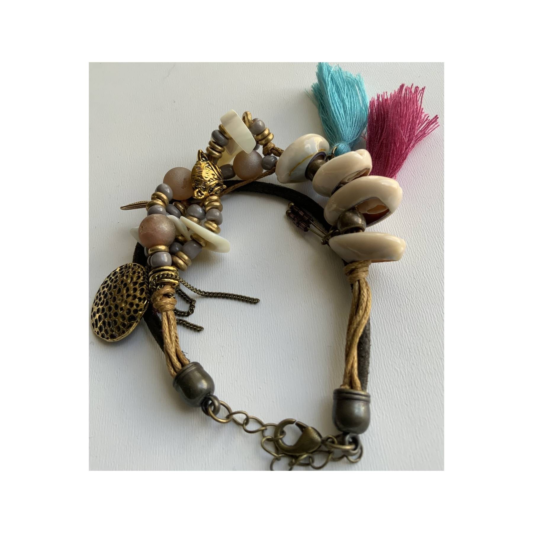 

Handmade Authentic Ethnic Bohemian Women s Colorful Greyhound Beaded Pearlescent Brass Bracelet