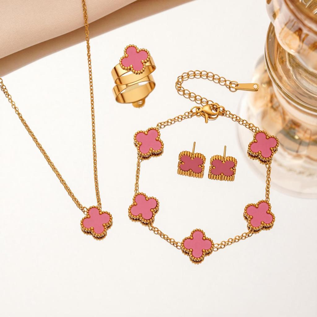 4PCS Titanium Steel Non Fading Clover Set Necklace Bracelet Ring Earrings Women's Fashion Clover Four Piece Set