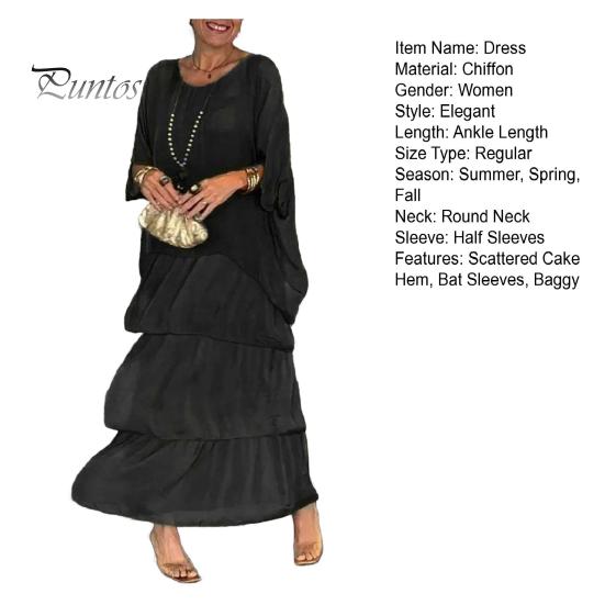 Evenig Dress Layered Scattered Cake Hem Half Sleeves Maxi Dress Bat Sleeves Baggy Round Neck Chiffon Dress for Party Prom
