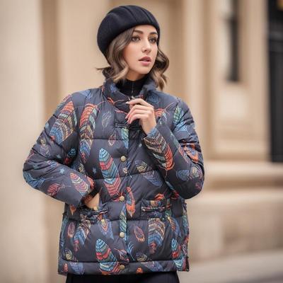 Mujer Otoño Invierno Chaqueta Corta De Algodón Impresión Abrigo Acolchado Grueso Cálido Suelto Outwear Moda Chic Abrigos De Bolsillo De Un Solo Pecho De Gran Tamaño
