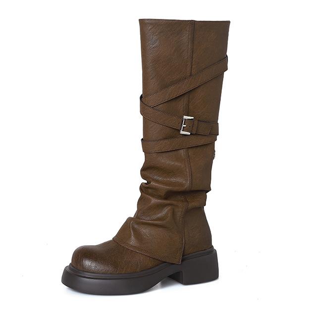 Yueyu Wasteland Wind Brown Maillard High Heel Platform Knight Boots Women's Long Boots Martin Boots Wrinkled Tall Boots