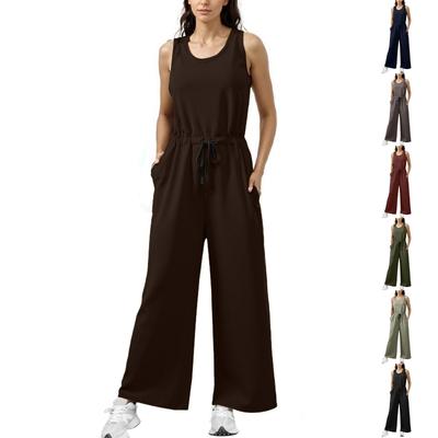 Damen Lässige Weitbein-Jumpsuits Sommer Ärmellos Lockerer Jumper Kordelzug Trainingsoutfits