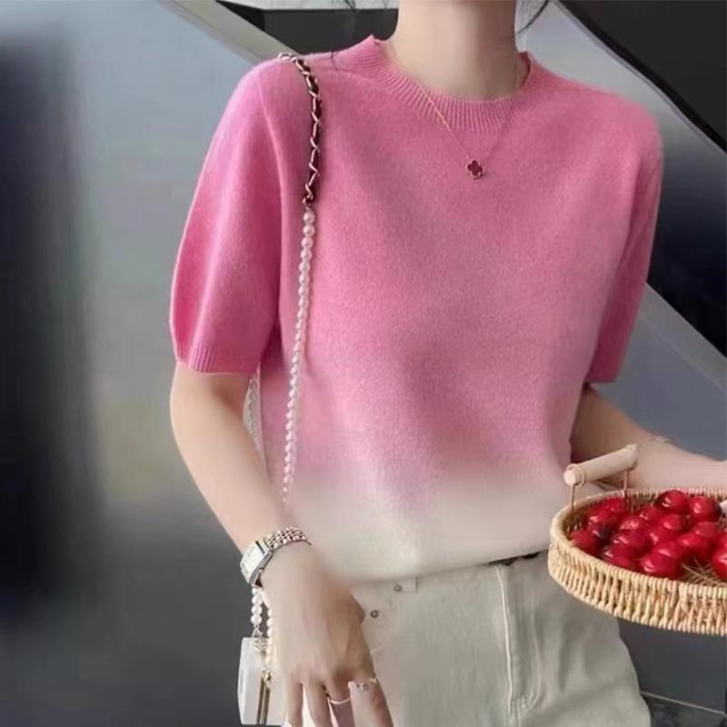 

Женские топы, градиентный цвет, вязаный свитер с короткими рукавами и круглым вырезом, свободная нижняя рубашка One size розовый