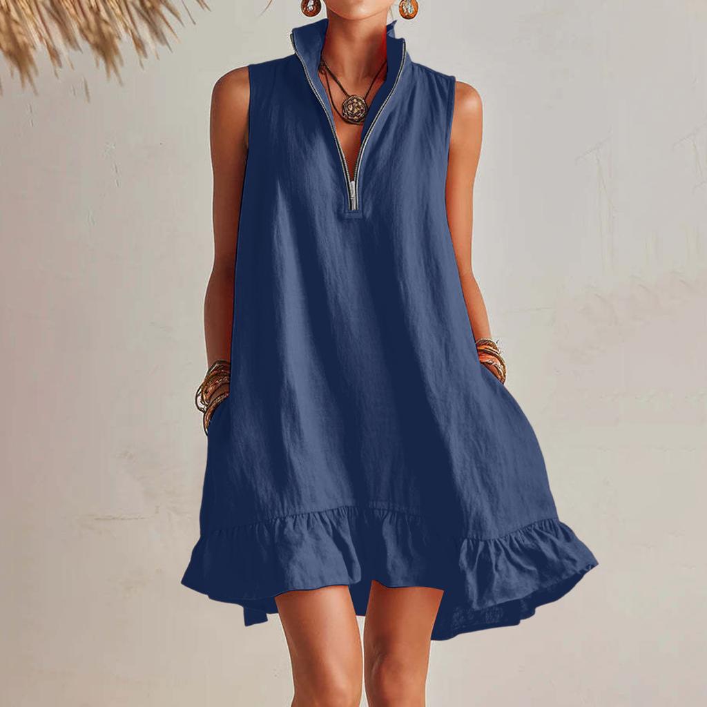 Women's Sleeveless V Neck Zip Front Summer Dress Loose Fit Ruffle Hem Casual Lightweight Linen Mini Dress