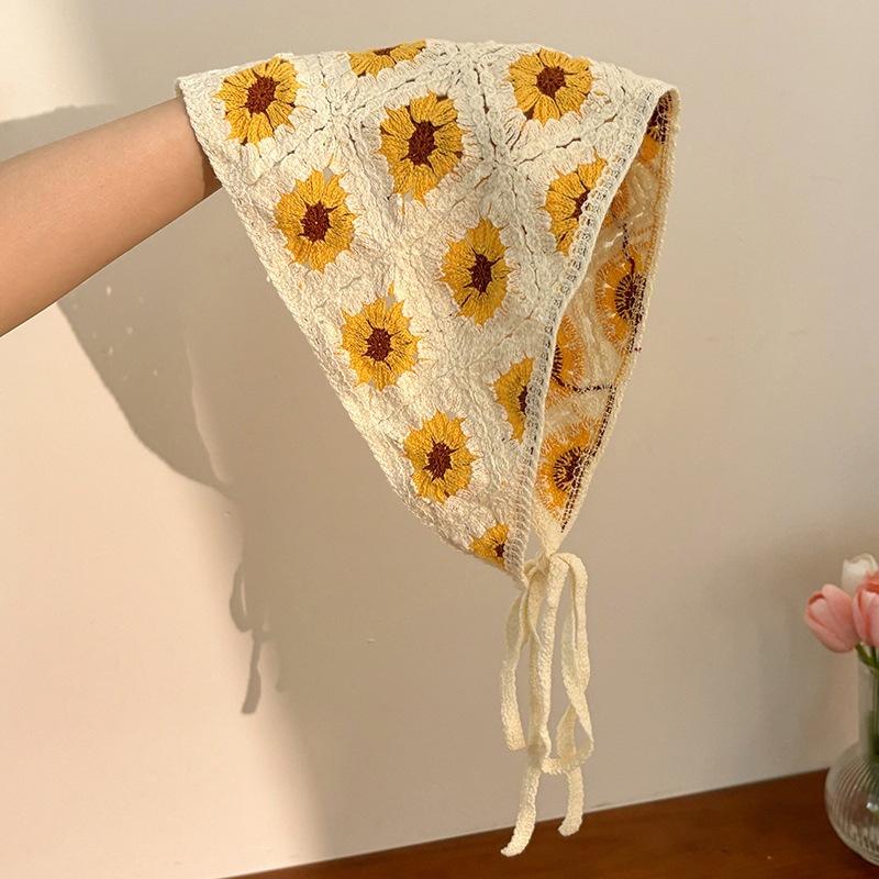 Knitted Crochet Headscarf French Pastoral Triangle Headband Handmade Soft Hair Wrapper for Beach Picnic Holiday Boho Fashion