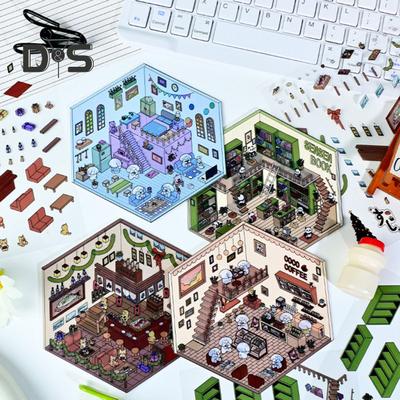 Lot de 4 autocollants 3D pour maison à faire soi-même avec pinces pour soulager le stress, aménagement paysager, véranda, bibliothèque, chat, café, boulangerie, téléphone, ordinateur portable