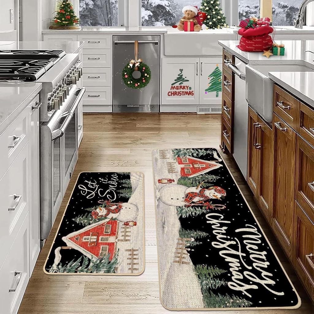 2pcs Christmas Atmosphere Floor Mat Non-slip Stain-resistant Bathroom Mat Kitchen Rug for Holiday Home Decoration