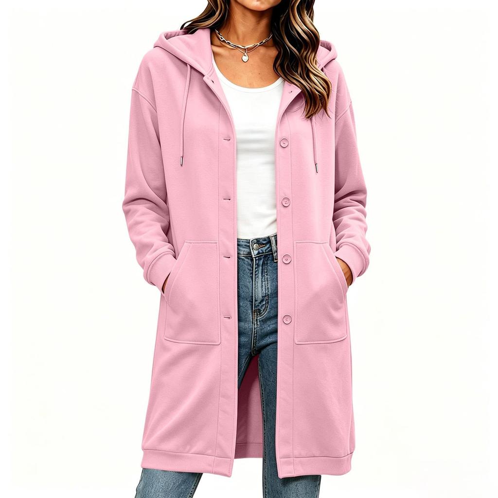 Women's Color Long Sleeve Hoodie Sweatshirt with Buttons and Drawstring - Loose Fit Mid-Length