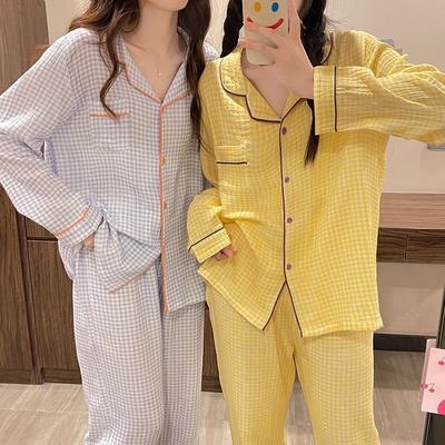 Frühlings- und Herbst-Damenpyjama-Hausanzug-Set Freundinnen-Pyjama Weibliche Ins Karomuster Paarmodelle Einfacher Pyjama-Hausanzug