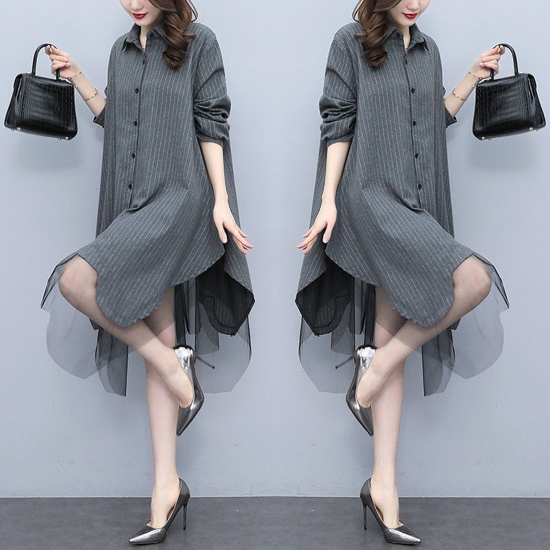 Women's Polo-Neck Button Spliced Gauze Irregular Blouse Elegant Loose Commuter Long Sleeve Shirt Tops