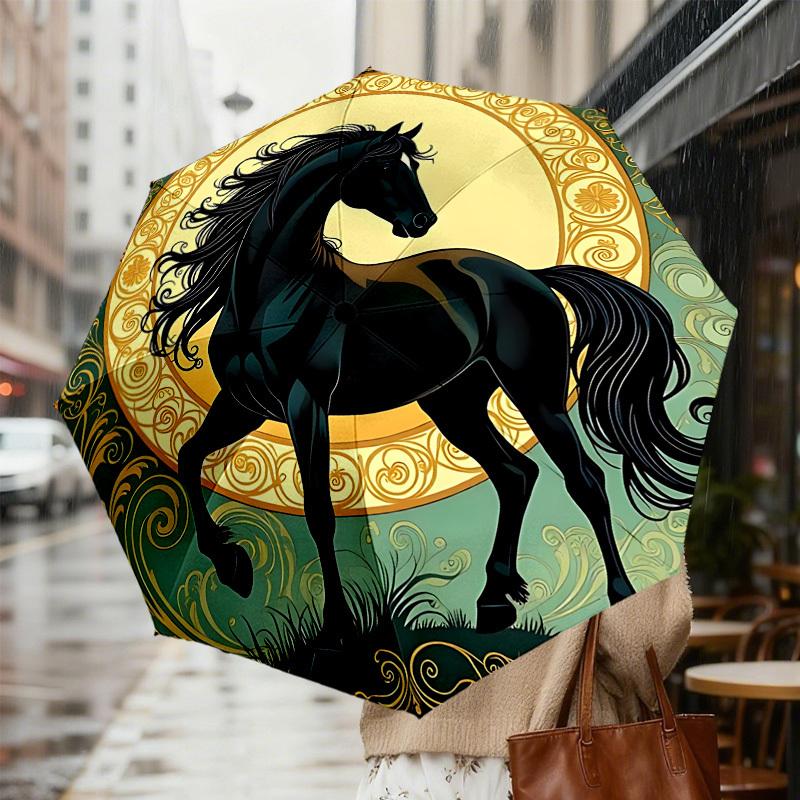 Black Horse Elegance: Luxury Umbrella with Intricate Floral Design   Auto Open/Close, Outdoor Protection, Travel Accessory, Lightweight & Durable 104