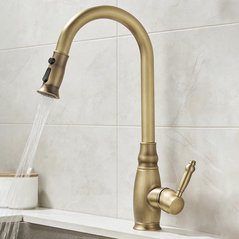 Elegant European-Style Brass Kitchen Faucet with Pull-Out Sprayer for Hot and Cold Water