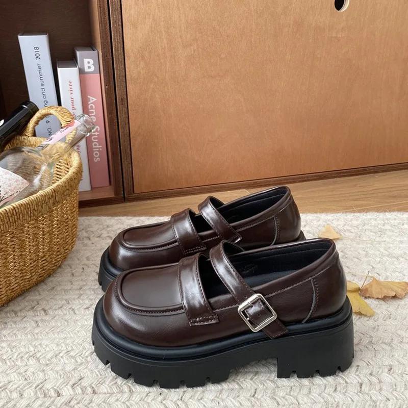 Fashion Woman Shoes Round Toe Mary Jane Chunky Loafers Platform High Heels Shoe Women Pumps PU Leather Buckle British Retro Dresses Shoe