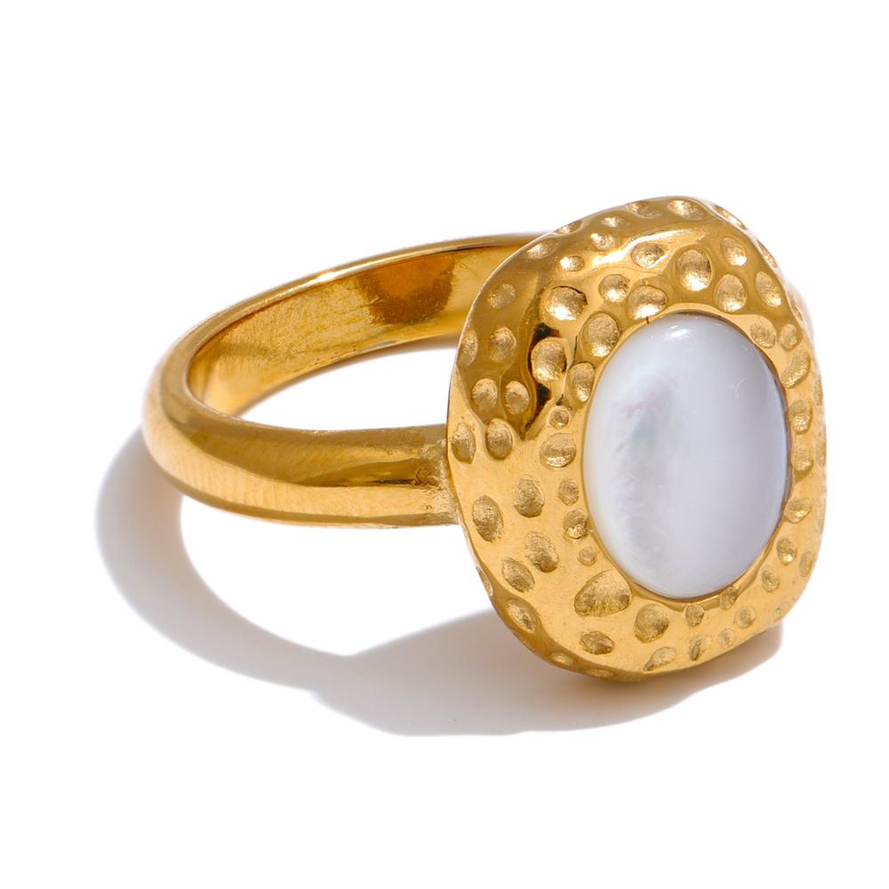

Yhpup 7# Thick Natural Shell Metal Hammer Geometric Casting Ring 18K Gold Color Plated Stainless Steel Charm Finger Jewelry 7