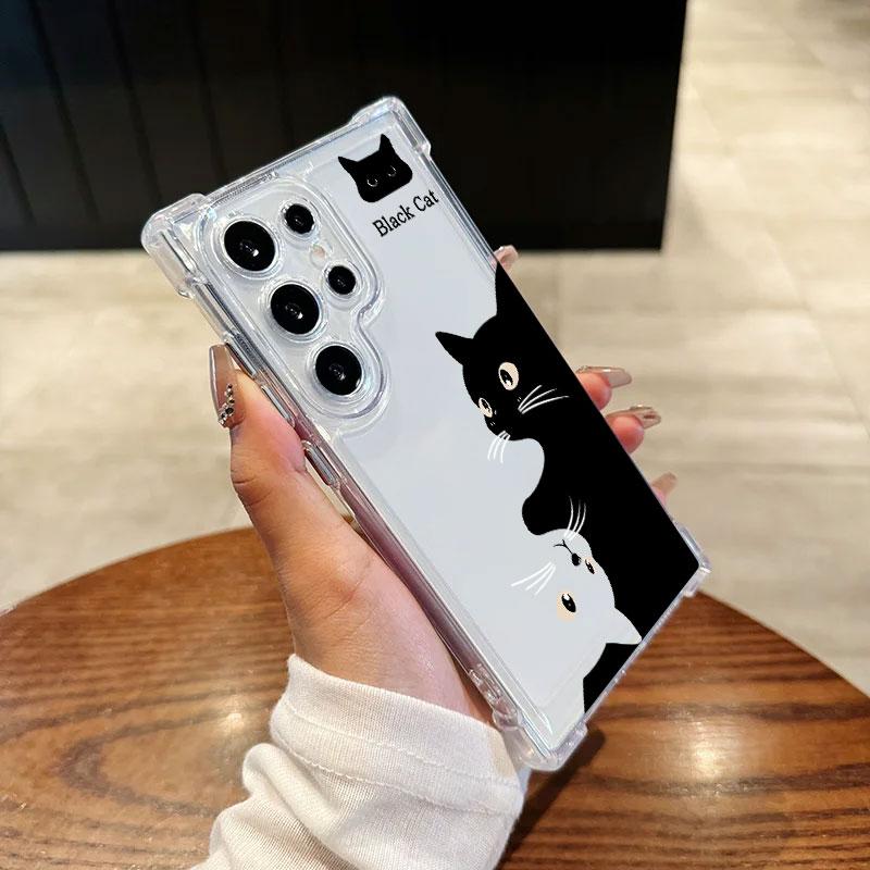 Black Cat Cartoon Art Phone Case For Samsung Galaxy S25 FE S24 S23 S22 S21 Ultra S20 Plus Note 20 10 S25FE Soft Shockproof Cover