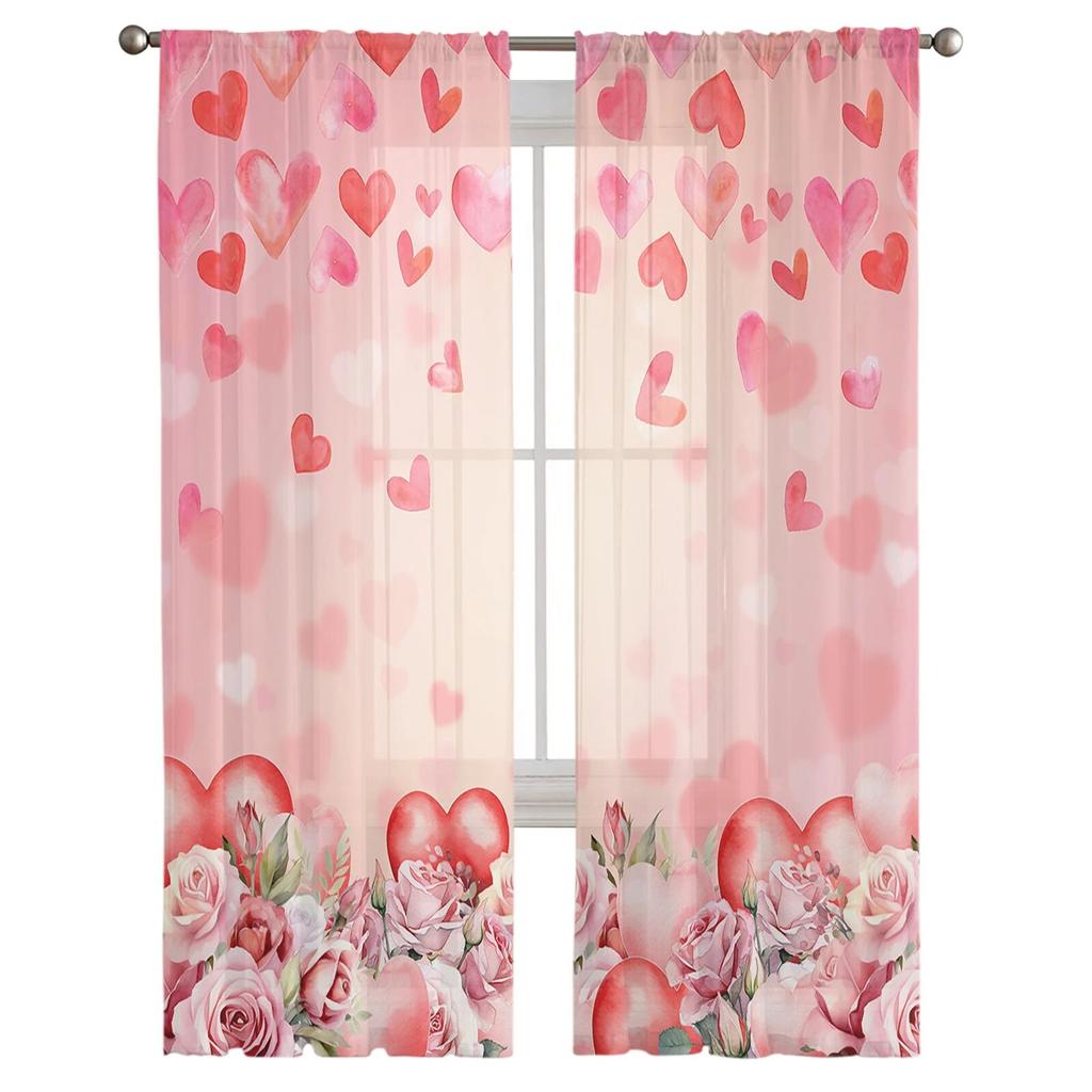 Valentinstag-Rosen lieben Tüll-Vorhänge für Wohnzimmer, transparenter Vorhang für Schlafzimmer, Küche, Jalousien, Voile-Vorhänge