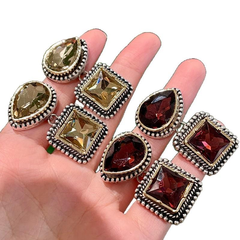 Vintage Crystal Patchwork Water Drop Geometric Rhinestone Earrings for Women